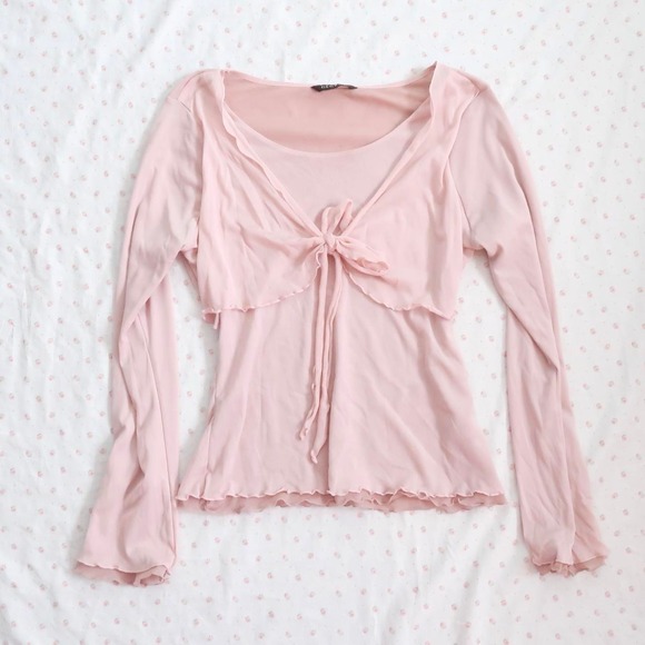 voltage Tops - pale pink tie front long sleeve top y2k